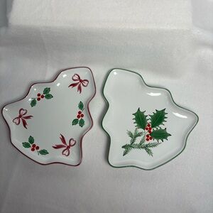 Vintage Herend Village Pottery Hand-Painted Holiday Holly Leaf Tree Style Trays